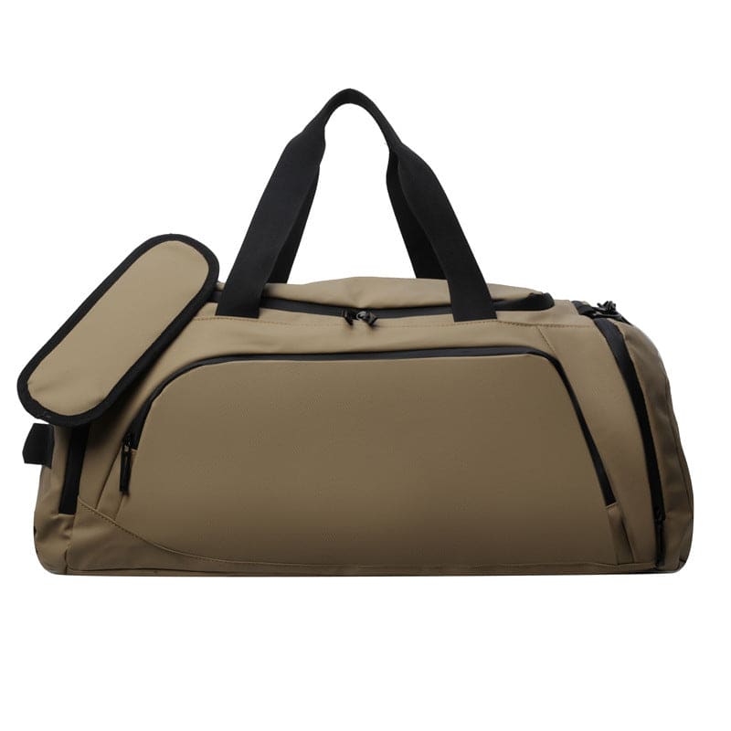 Tan duffel bag with black straps and zippers.