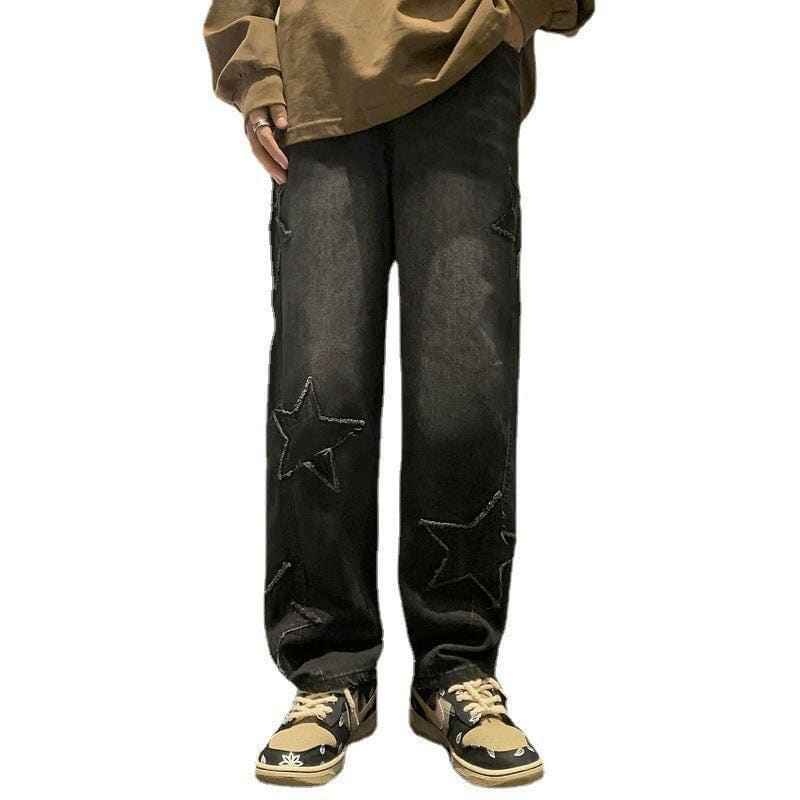 Men’s Wide Leg Baggy Jeans with Star Detail