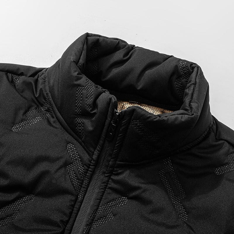 Black puffer jacket with a high collar and zipper closure.