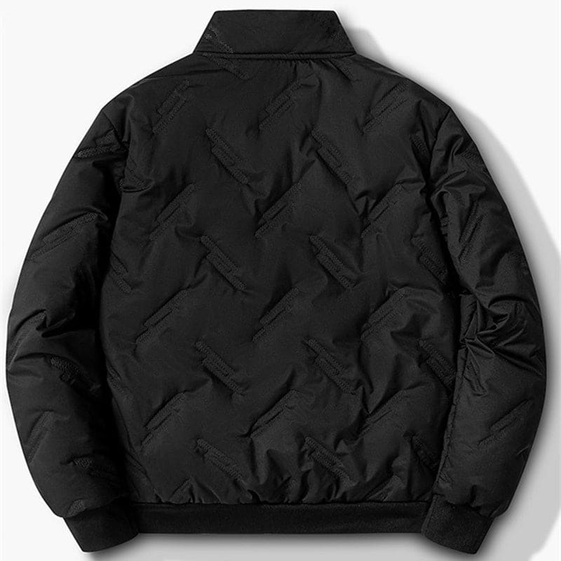 Black quilted bomber jacket with a ribbed collar.