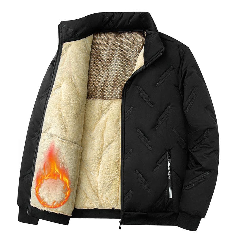 Black winter jacket with a partially visible warm fleece lining and a flame icon on the interior.