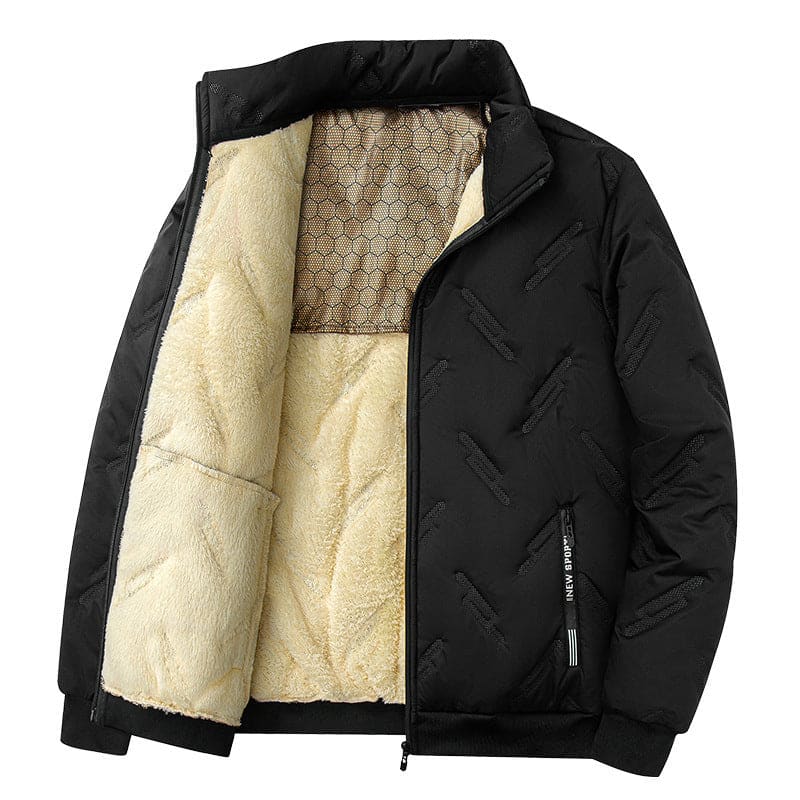 Black winter jacket with a cream-colored fleece lining, partially unzipped to show the interior.