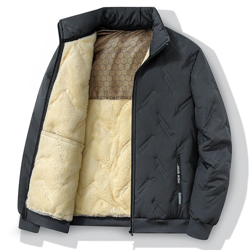 Dark gray winter jacket with a cream-colored fleece lining, partially unzipped to show the interior.