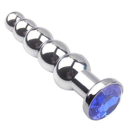 Metal anal plug with graduated beads and a blue jewel base.