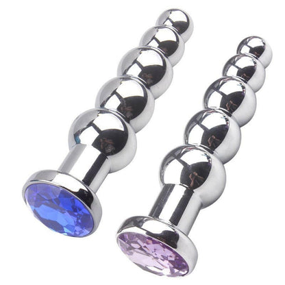 Metal anal beads with jeweled ends in blue and pink.