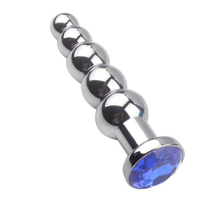 Metal anal plug with graduated spheres and a blue jewel base.