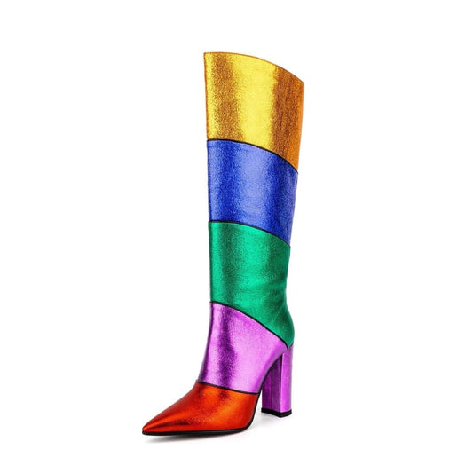 Metallic Rainbow Pride Colour Pointed Toe Chunky Heel Mid