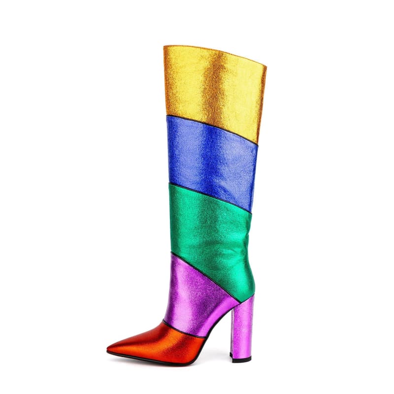 Metallic Rainbow Pride Colour Pointed Toe Chunky Heel Mid