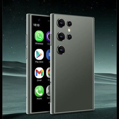 Sleek smartphone with multiple rear cameras and a side display showing app icons.