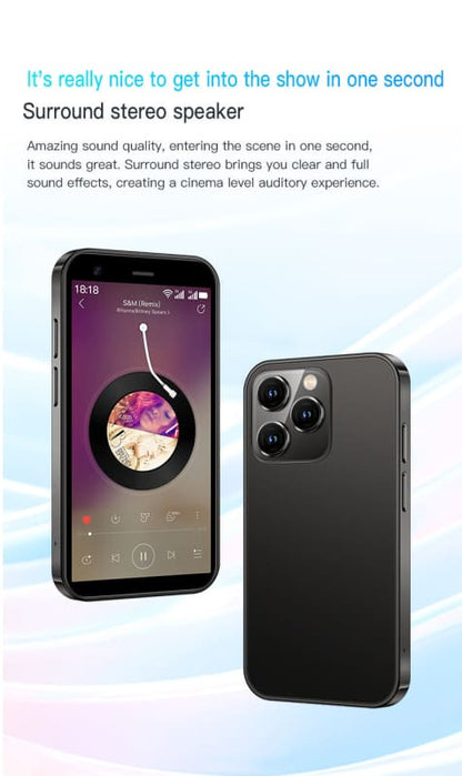 Smartphone displaying a music player interface alongside a black smartphone with multiple camera lenses.