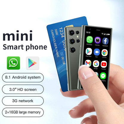 Miniature smartphone with a 3-inch screen displaying app icons next to a credit card for size comparison.