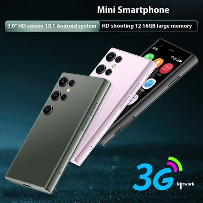 Mini smartphone with multiple camera lenses and a 3.0’’ HD screen, available in different colors.