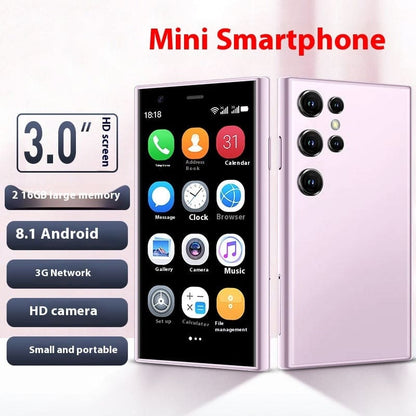 Mini smartphone with a 3-inch screen and multiple rear cameras.