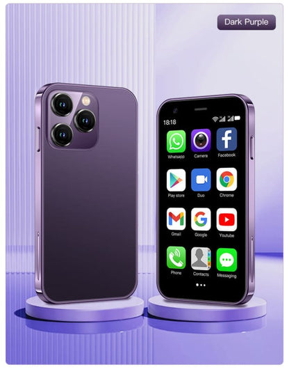 Dark purple smartphone with a triple-camera system and its screen displaying various app icons.