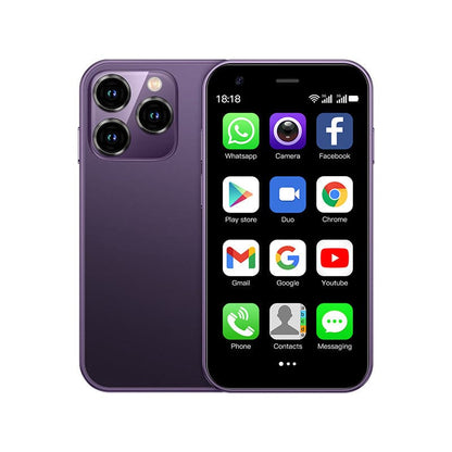 Purple smartphone with triple rear camera and app icons displayed on the screen.