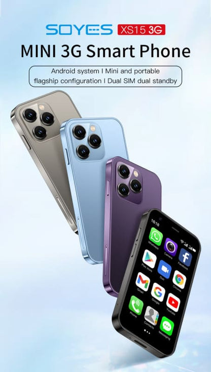 Smartphone advertisement showcasing multiple color options of a mini 3G device with triple rear cameras.