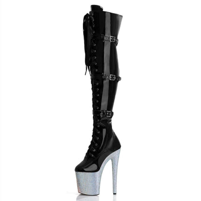 Multi Buckle 8inch Rhinestone Platform Heels Black Shiny / 5