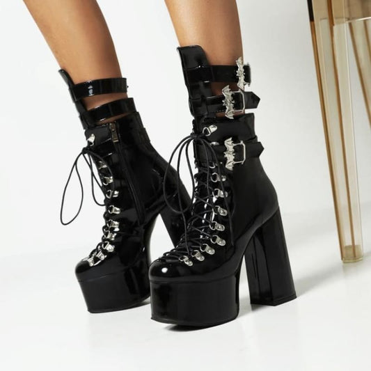 Multi Buckle High Wedge Heel Steampunk Gothic Boots