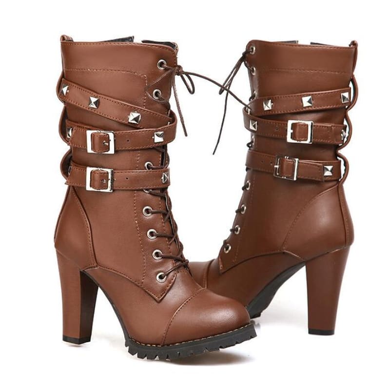 Multi Buckle Lace Up Side Zip Studded Mid Boots Ankle High Boots - Pleasures and Sins