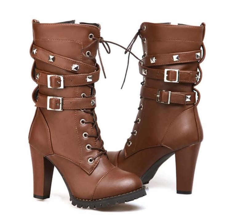 Multi Buckle Lace Up Side Zip Studded Mid Boots Ankle High Boots - Pleasures and Sins