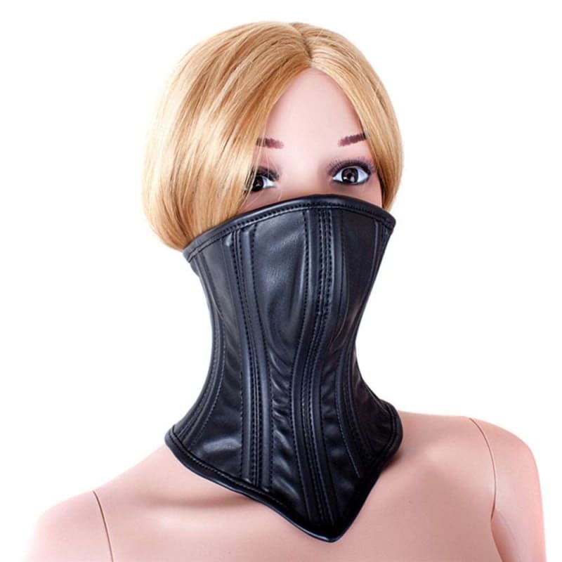 Black leather neck corset or posture collar covering the lower face and neck.