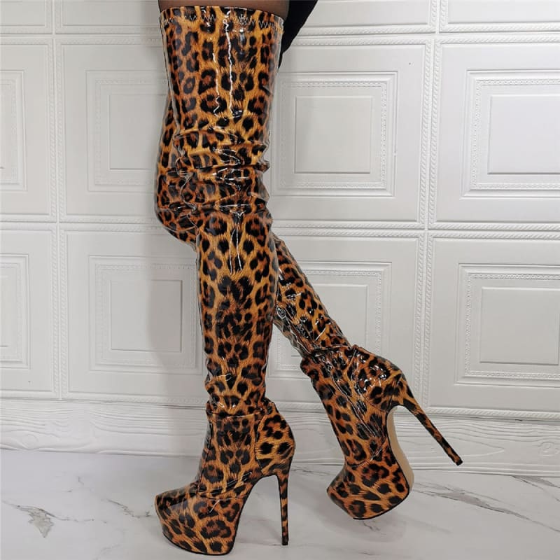 Multi Gender Patent Leopard Print Thigh Length Boots In Plus Sizes - Pleasures and Sins