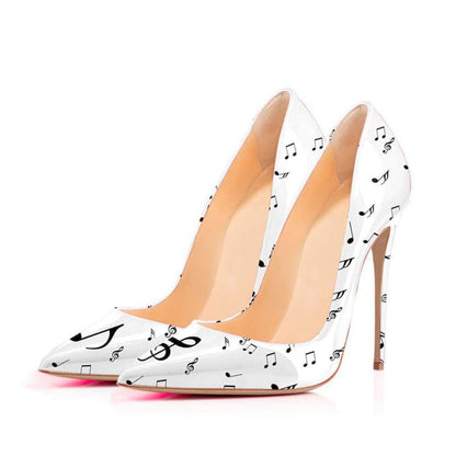 High-heeled stiletto shoes with a white background and black musical notes print.