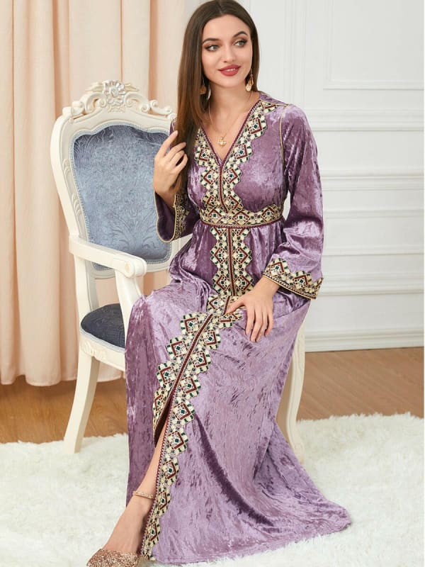 Muslim Autumn Loose Fitting Long Sleeved Velvet Dress Pink