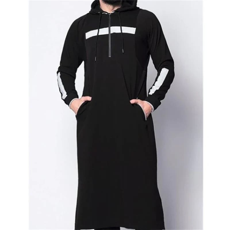 Mens Hooded Thobe Jubba Casual Long Sleeve Sweatshirt Black