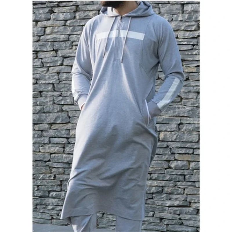 Mens Hooded Thobe Jubba Casual Long Sleeve Sweatshirt Gray