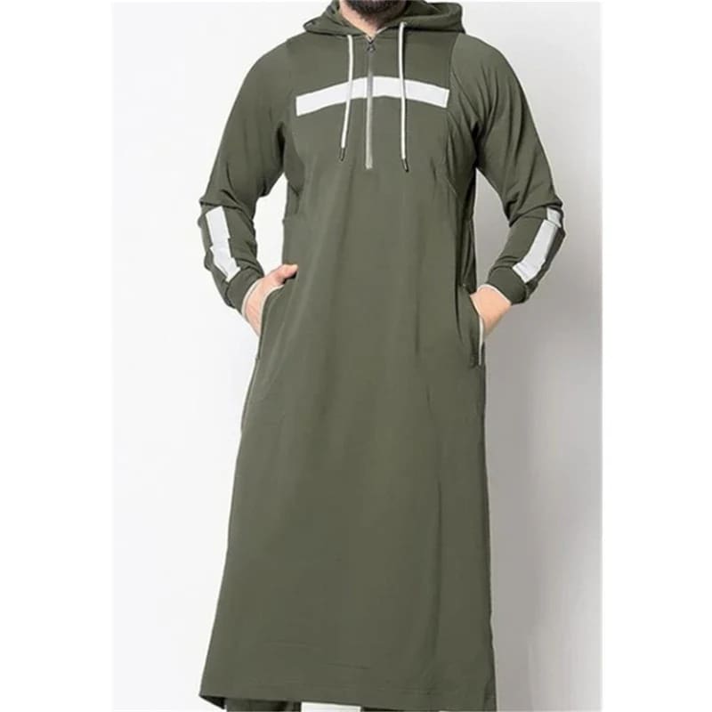 Mens Hooded Thobe Jubba Casual Long Sleeve Sweatshirt Green