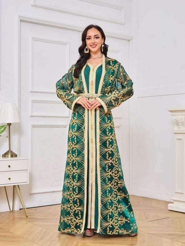 Muslim Robe Womens Embroidered Two-Piece Dress Set blackish