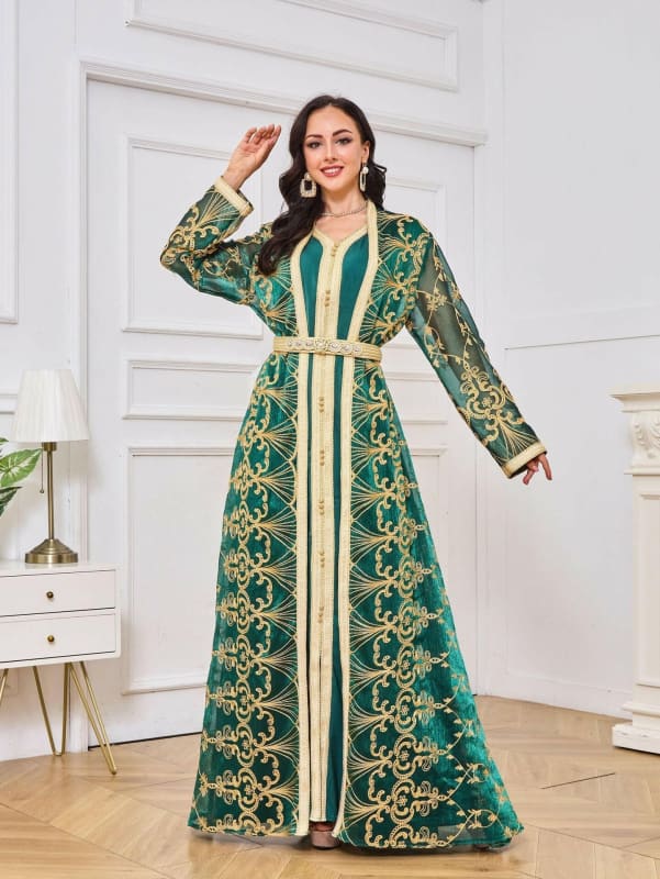 Muslim Robe Womens Embroidered Two-Piece Dress Set