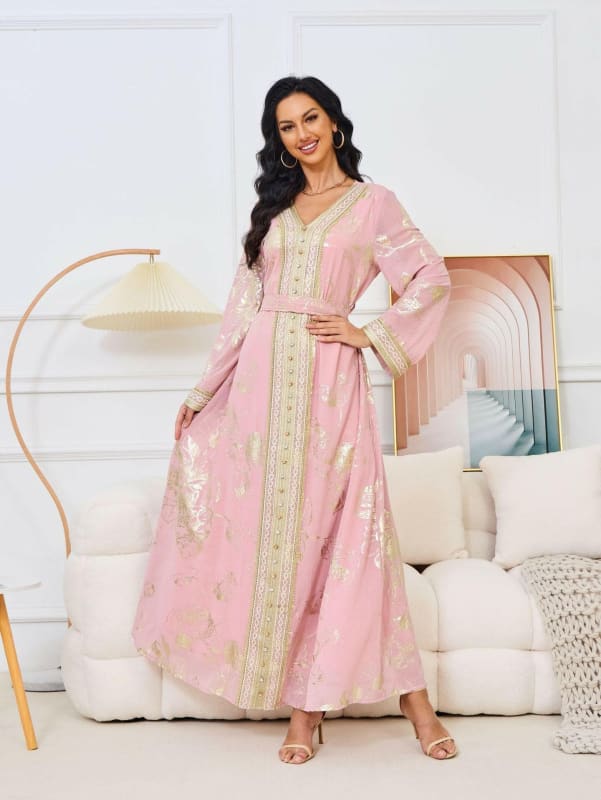 Muslim Womens Dress Pink Stamped Fashion Party Robe