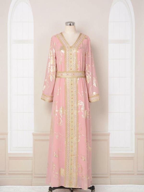 Muslim Womens Dress Pink Stamped Fashion Party Robe