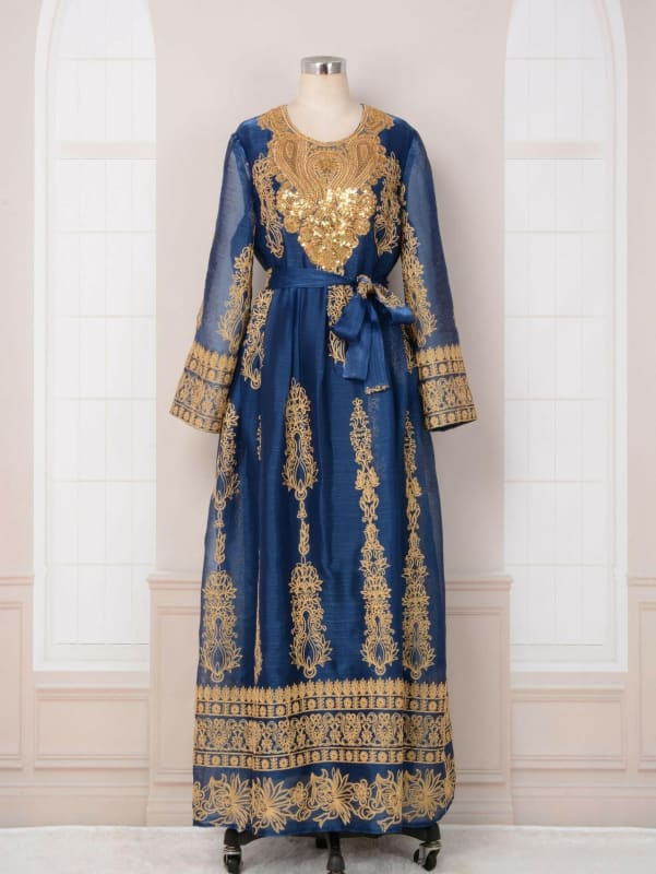 Muslim Womens Embroidered Flower Shaped Dress blue / S