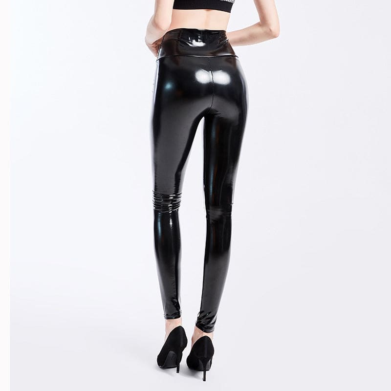 Shiny black latex or faux leather leggings with a high waist.