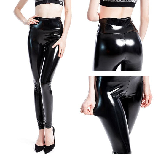 Shiny black latex or faux leather high-waisted leggings.