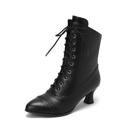 Black lace-up Victorian-style ankle boot with a low heel.