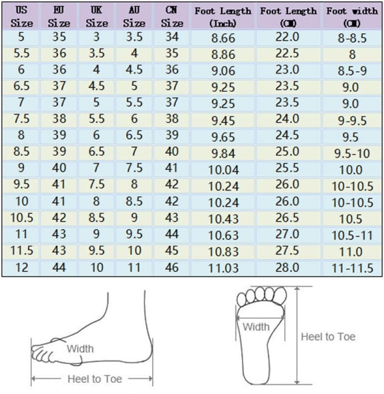 Shoe size conversion chart with foot measurements.