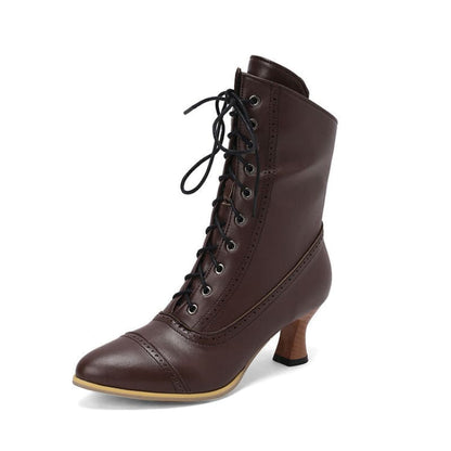 Brown leather lace-up ankle boot with a curved heel.