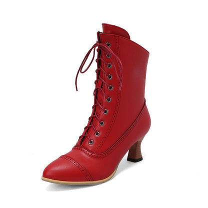 Red leather lace-up ankle boot with a low heel.