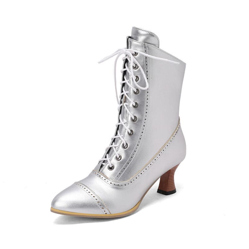 Silver Victorian-style lace-up ankle boot with a low heel.