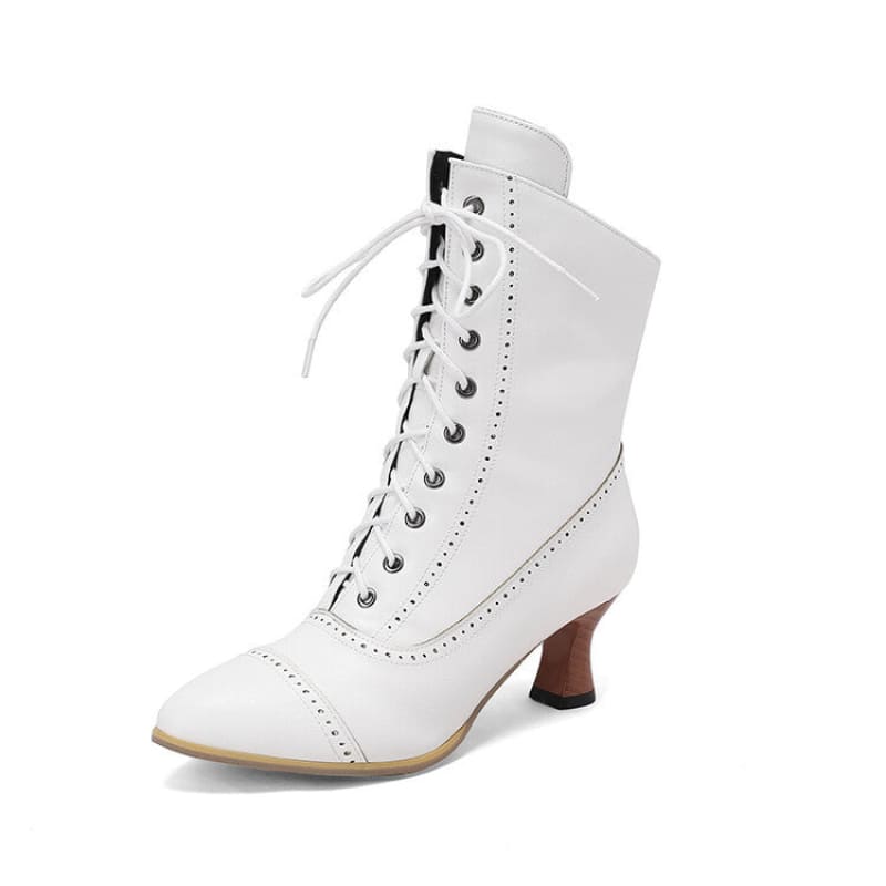 White lace-up Victorian-style ankle boot with a curved heel.