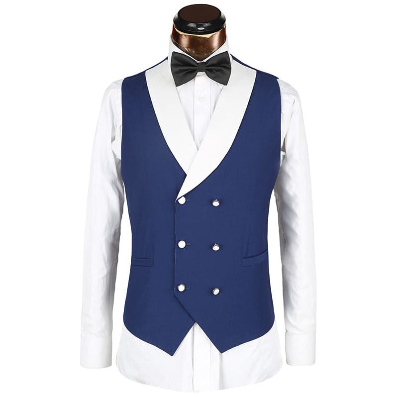 Navy blue double-breasted waistcoat with white buttons over a white dress shirt and black bow tie.