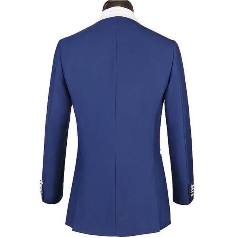 Navy blue suit jacket with silver buttons on the sleeves.