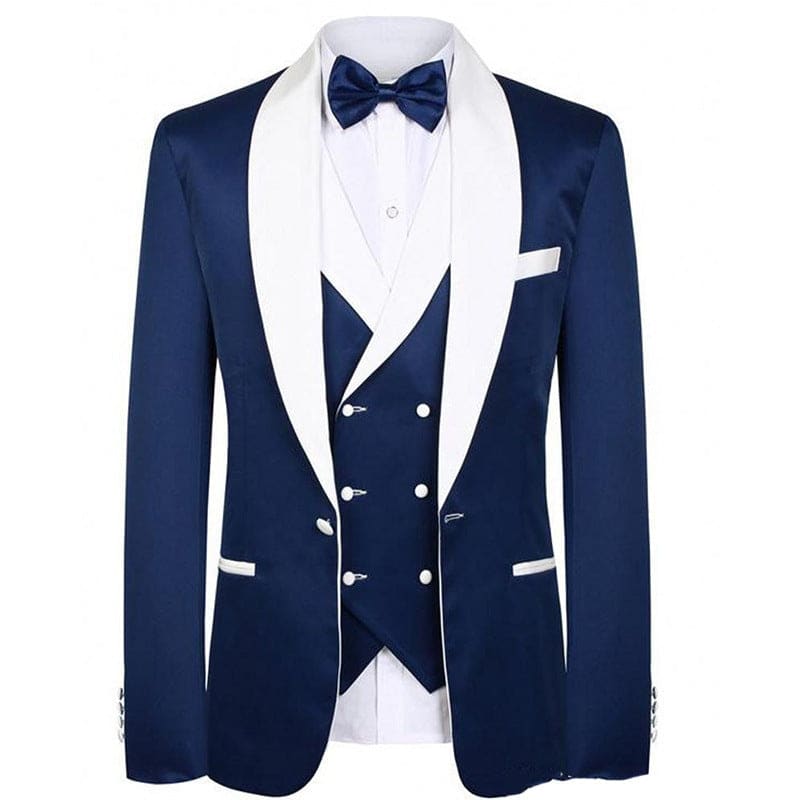 Navy blue tuxedo with white lapels, matching vest, and bow tie.