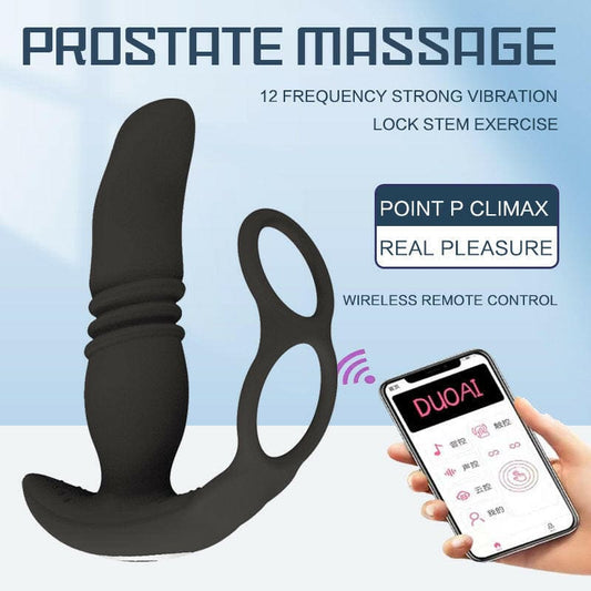 Black silicone prostate massager with wireless remote control functionality.