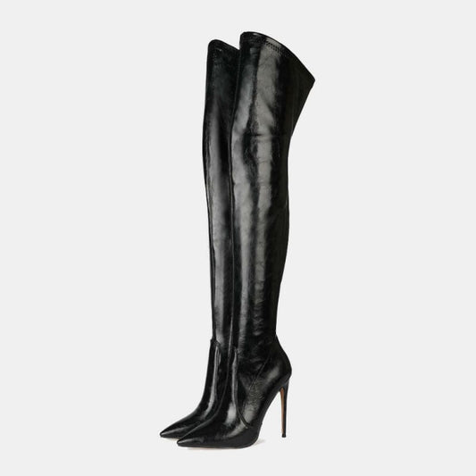 New Black High Heel Thigh Length Pointed Toe Boots