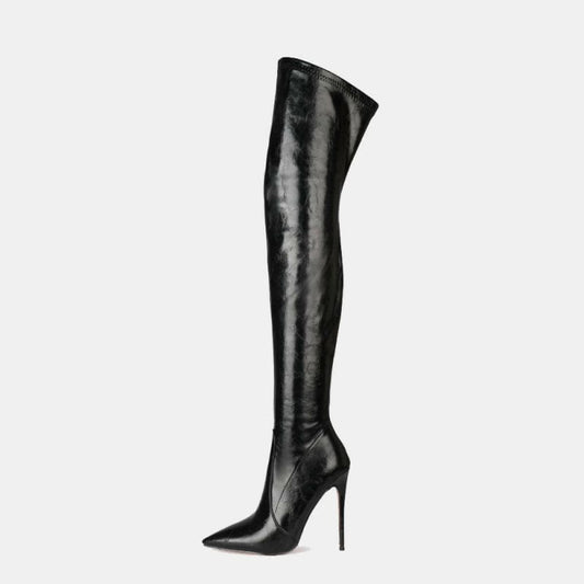 New Black High Heel Thigh Length Pointed Toe Boots